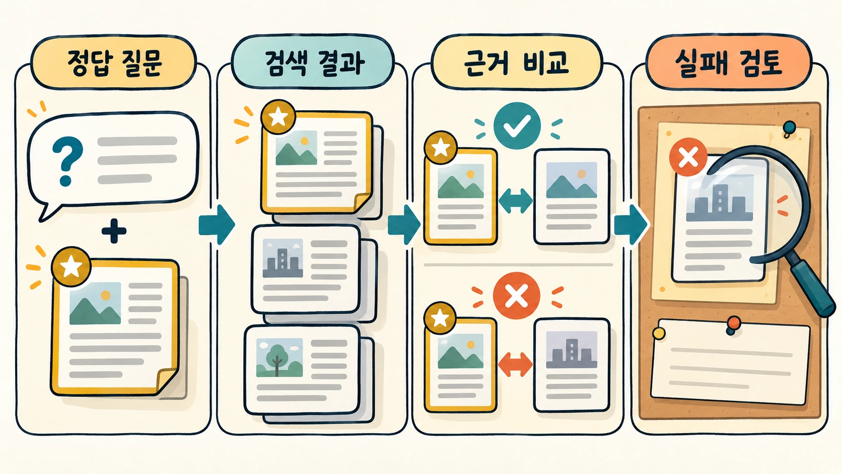 정답 문서가 붙은 질문 카드와 검색 결과 카드가 비교되어 작은 평가 보드로 모이는 구조