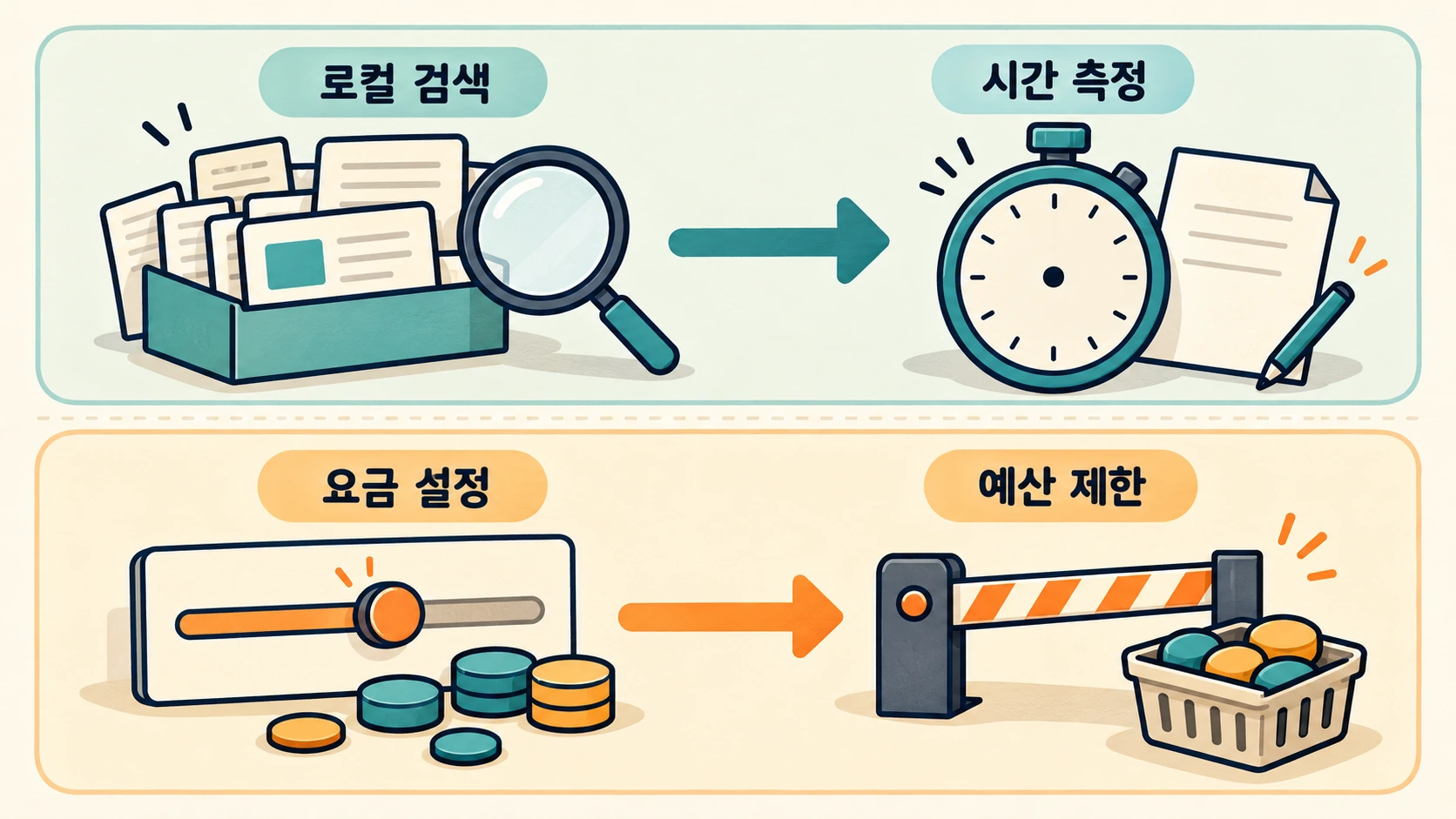 로컬 검색 스톱워치와 별도의 API 예산 계산기가 나란히 놓인 구조