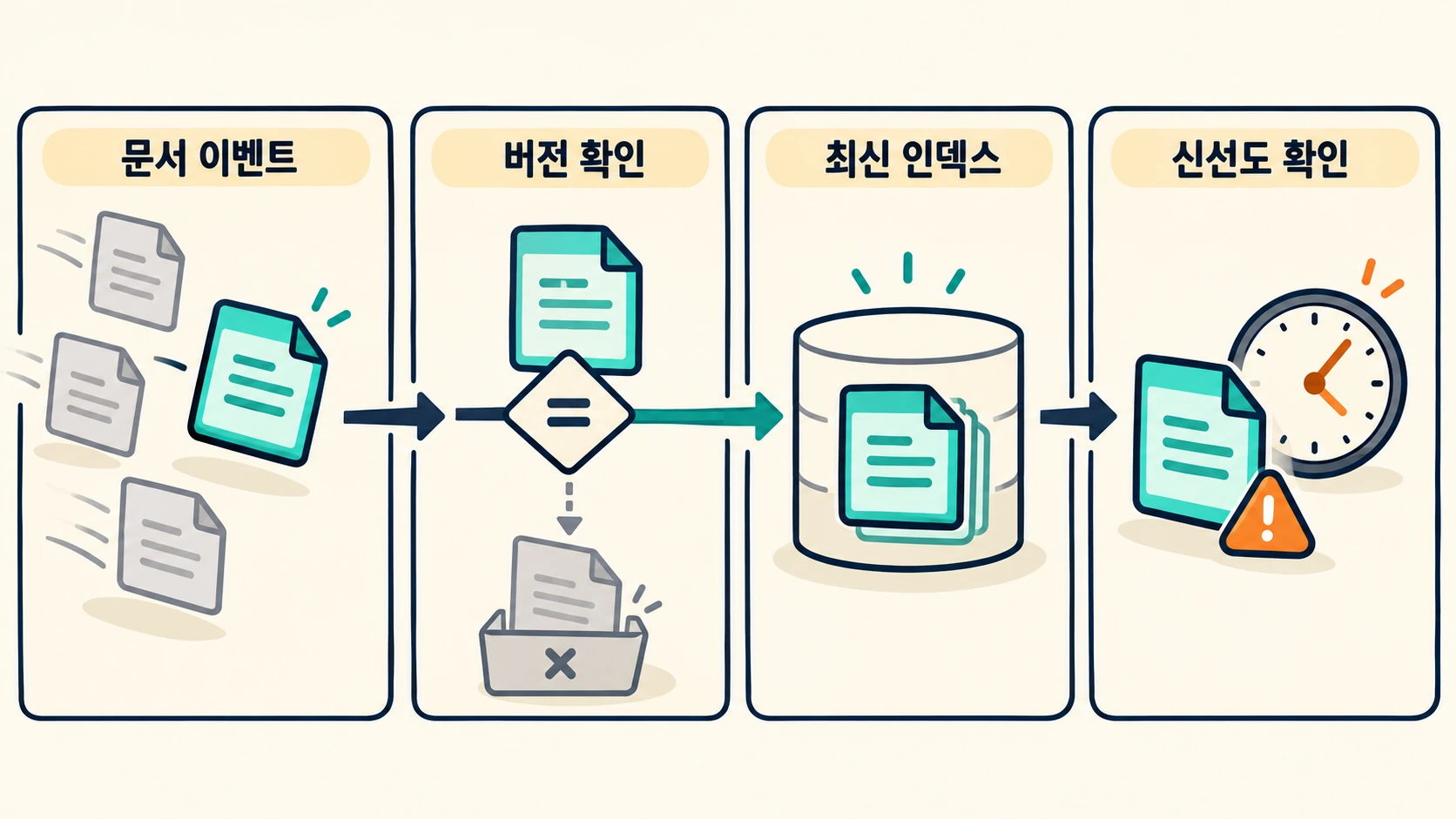 서로 다른 버전의 문서 이벤트가 시간 순서 검사와 신선도 시계를 지나 검색 인덱스로 들어오는 흐름