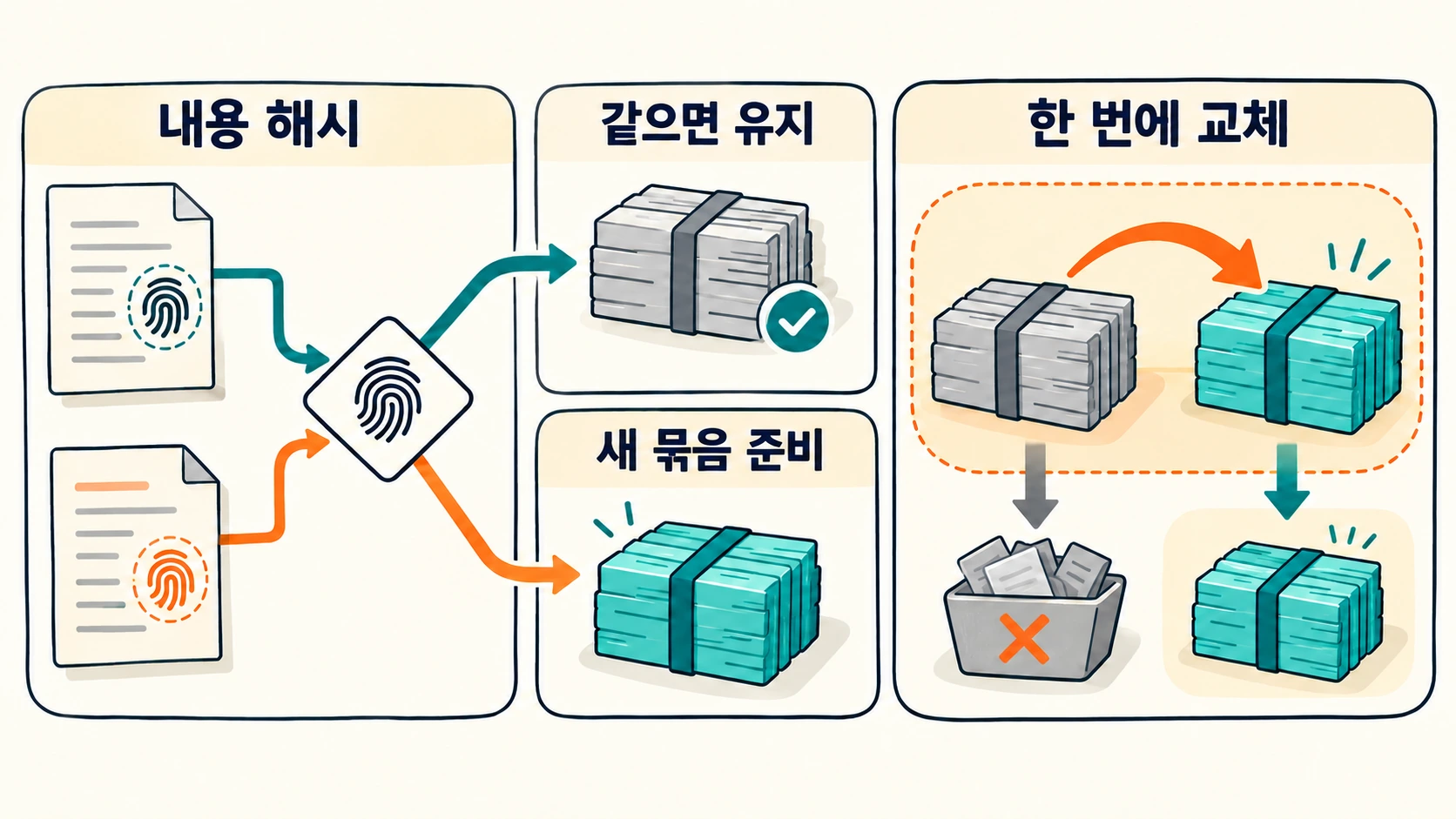 문서 내용의 지문을 비교한 뒤 같은 버전은 건너뛰고 새 청크 묶음으로 교체하는 구조