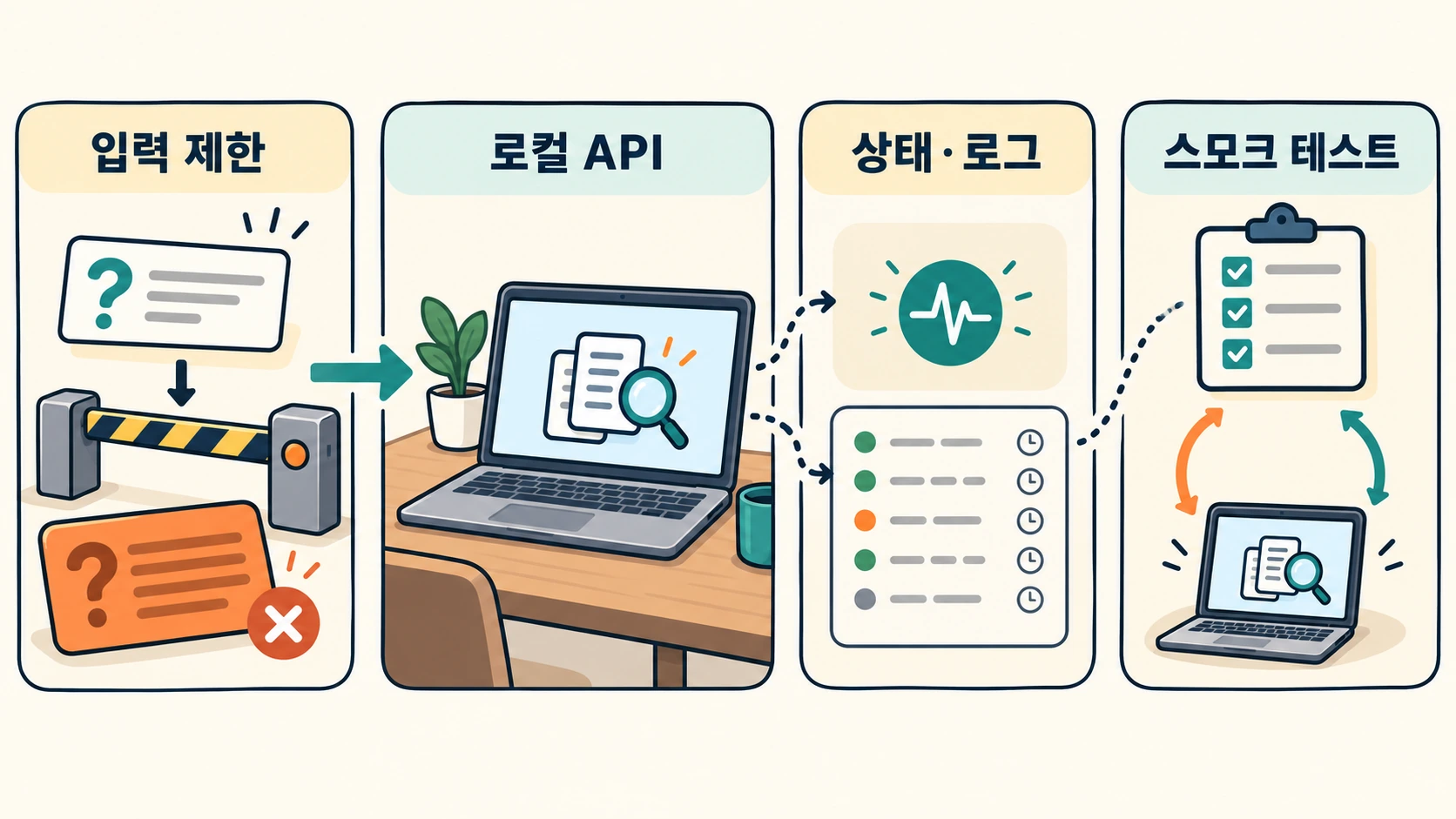 로컬 검색 API 주위에 상태 확인 신호, 입력 제한 게이트, 익명화된 운영 로그와 테스트 도구가 배치된 구조